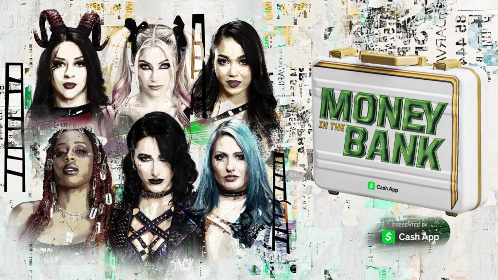 Stephanie Vaquer, Alexa Bliss, Roxanne Perez, Naomi, Rhea Ripley e Giulia no Money in The Bank
