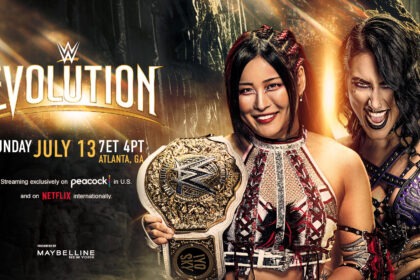 Luta principal do WWE Evolution 2025 entre Iyo Sky e Rhea Ripley, com destaque para os cinturões femininos