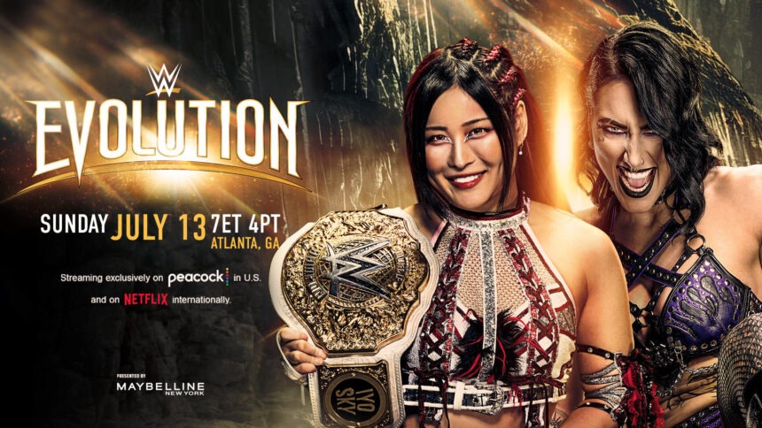 Luta principal do WWE Evolution 2025 entre Iyo Sky e Rhea Ripley, com destaque para os cinturões femininos