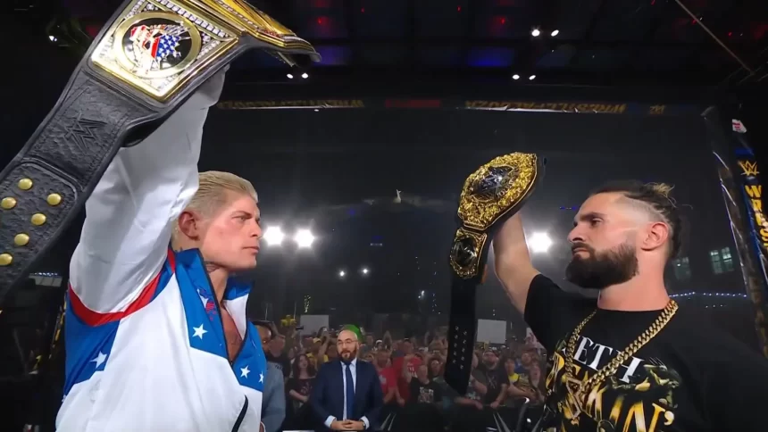 Cody Rhodes e Seth Rollins após a Wrestlepalooza
