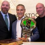 Triple H, da WWE, Mark Shapiro, da TKO, e Dana White, do UFC, juntos em evento