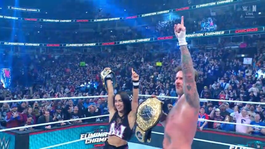 AJ Lee e CM Punk durante o Elimination Chamber 2026