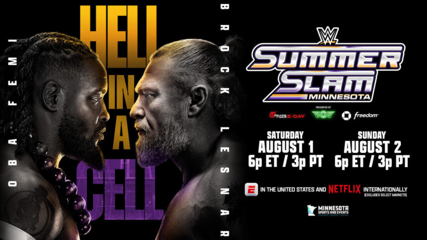 Arte promocional do combate entre Oba Femi e Brock Lesnar no SummerSlam 2026