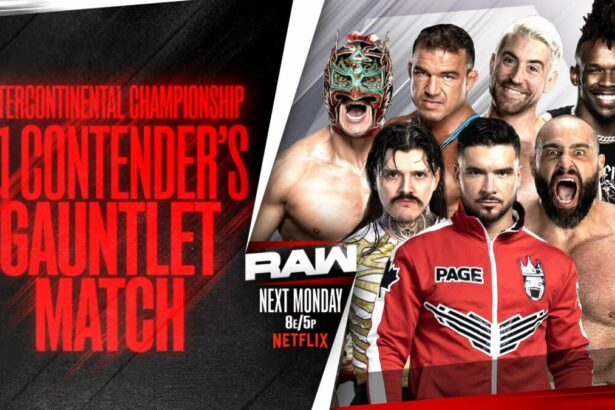 Dragon Lee, Chad Gable, Joe Hendry, Je'Von Evans, Dominik Mysterio, Ethan Page e Rusev em arte promocional do RAW