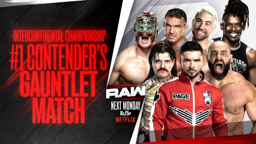 Dragon Lee, Chad Gable, Joe Hendry, Je'Von Evans, Dominik Mysterio, Ethan Page e Rusev em arte promocional do RAW